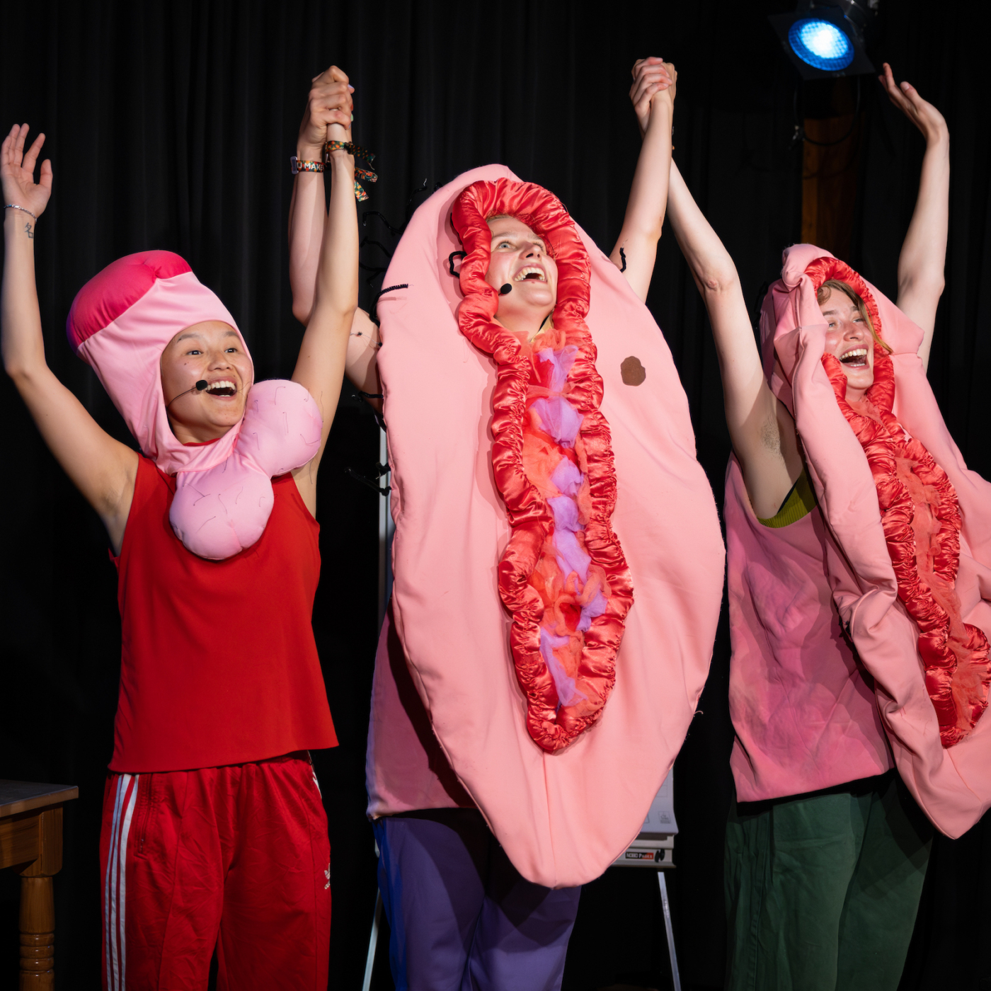 Drie juichende performers op een podium in roze vagina-kostuums steken lachend hun armen omhoog.