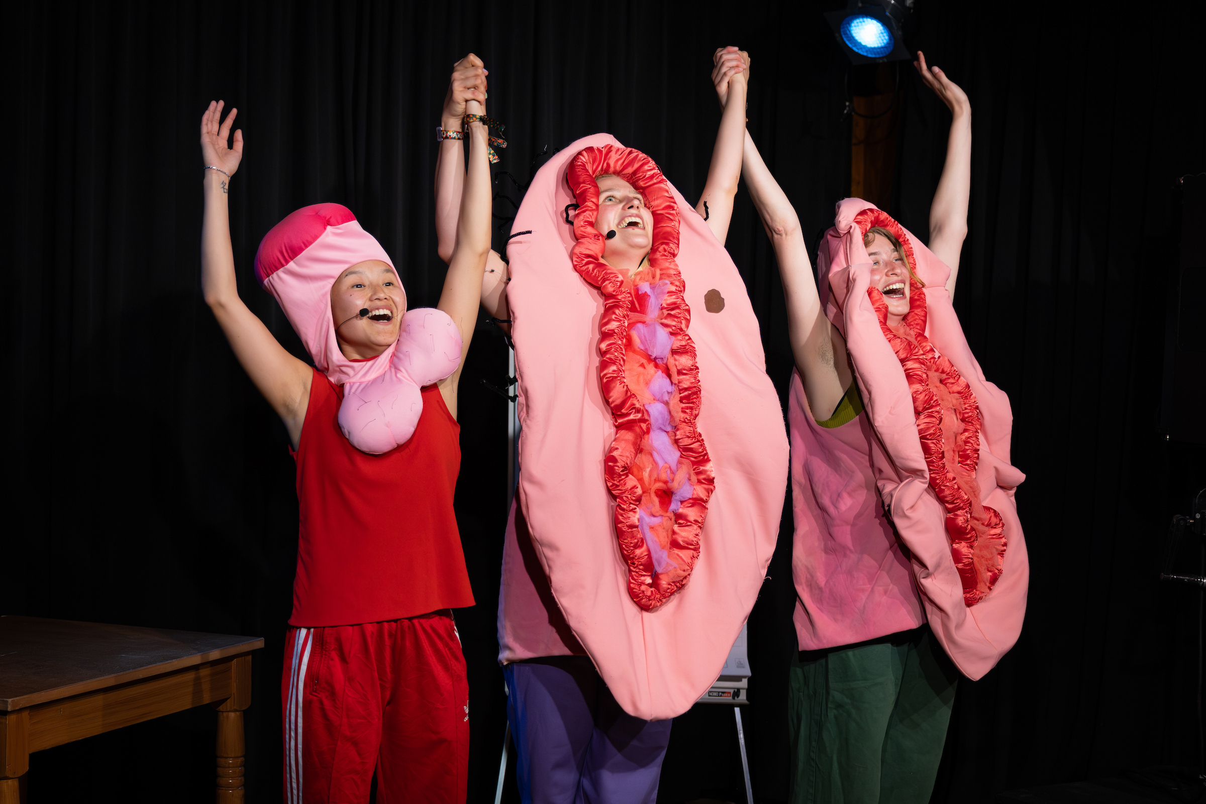 Drie juichende performers op een podium in roze vagina-kostuums steken lachend hun armen omhoog.