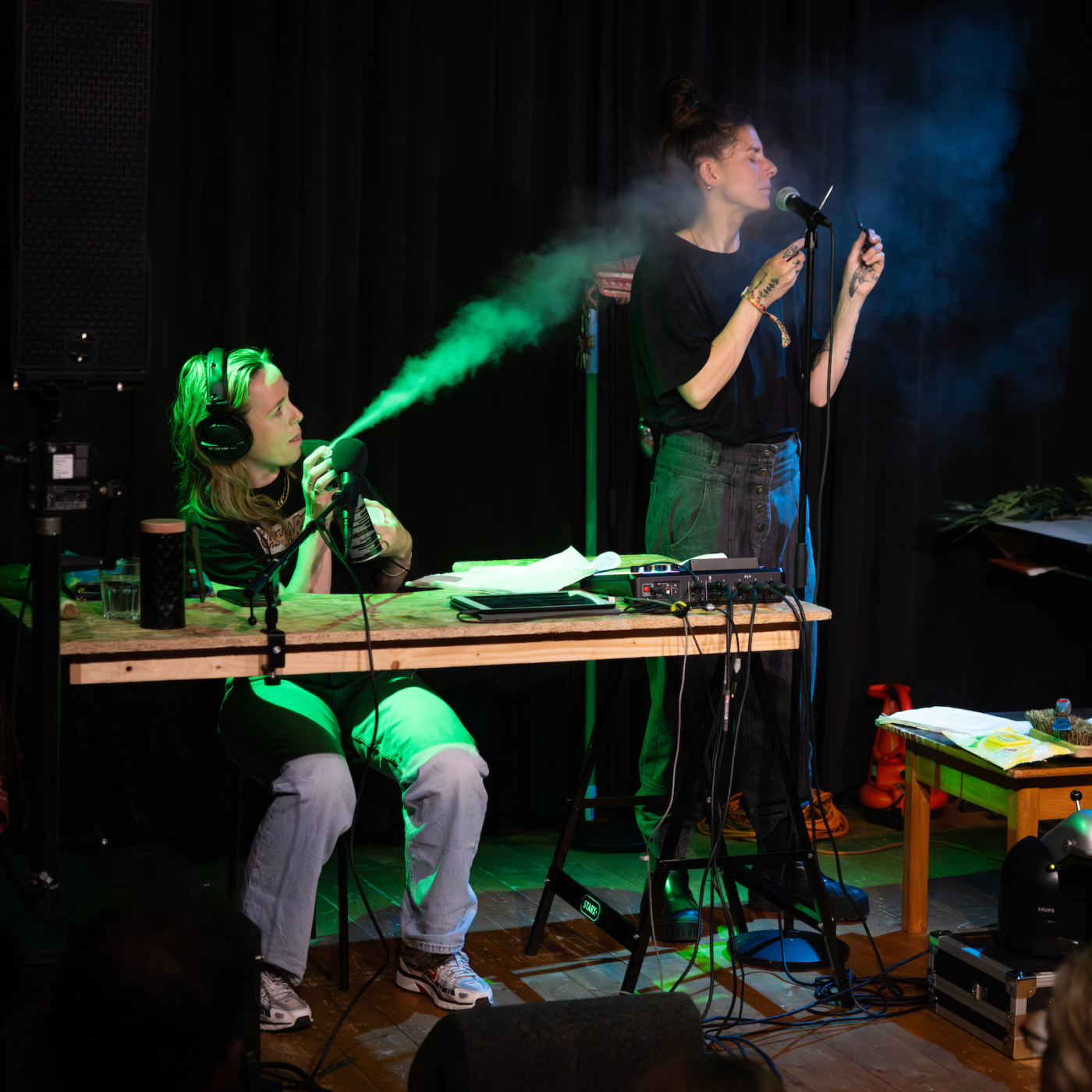 Twee performers op een donker podium: één zittend met koptelefoon en groene rookmachine, één staand bij microfoon met witte rook.